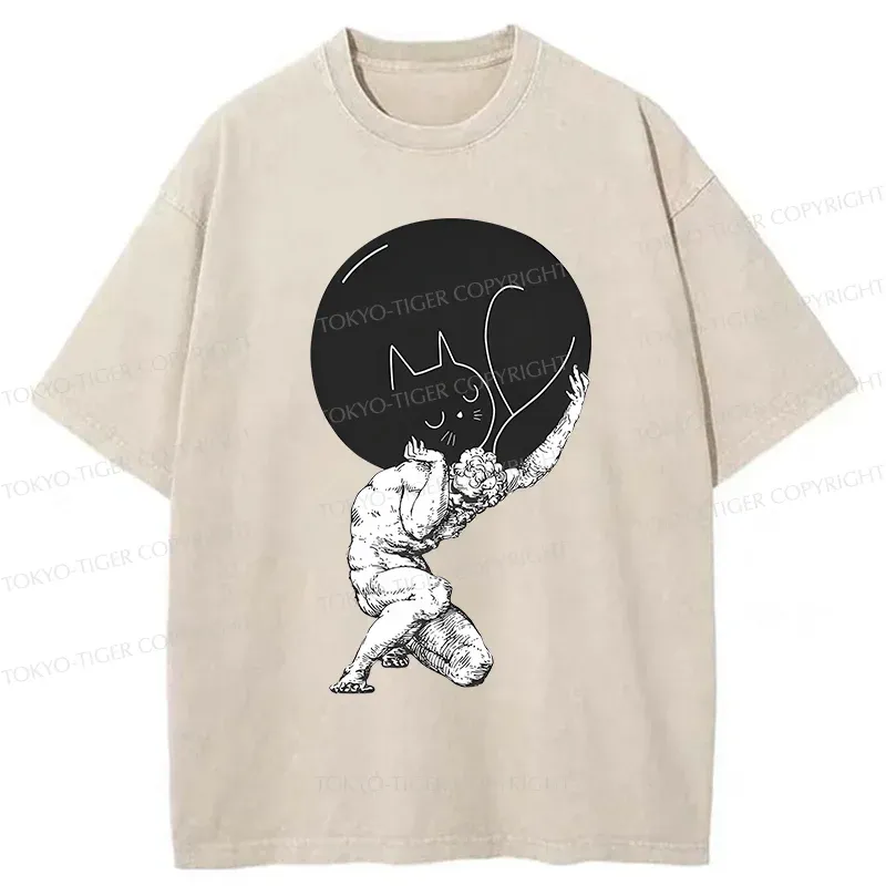 Tokyo-Tiger Stone Statue Holding A Cat Washed T-Shirt