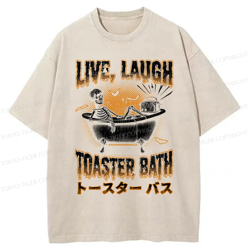 Tokyo-Tiger Skeleton Taking A Bath Washed T-Shirt