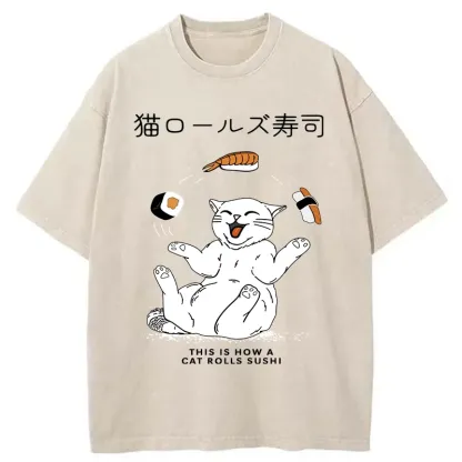 Tokyo-Tiger Funny Cat Rolls Sushi Washed T-Shirt