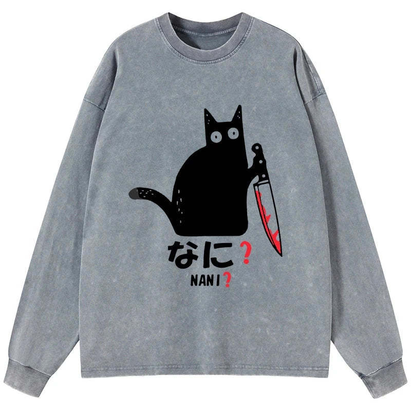 Tokyo-Tiger A Puzzled Cat Holding A Knife Washed Long Sleeve T-Shirt