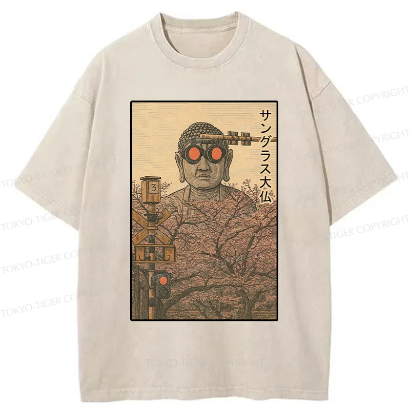Tokyo-Tiger Buddha Statue Wearing Sunglasses Washed T-Shirt