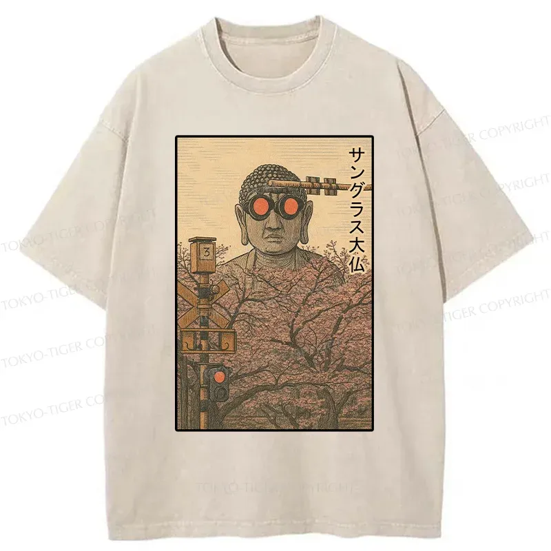 Tokyo-Tiger Buddha Statue Wearing Sunglasses Washed T-Shirt