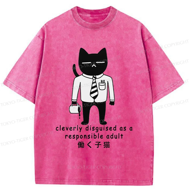Tokyo-Tiger Cat At Work Washed T-Shirt