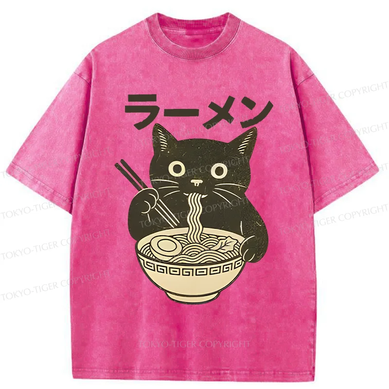 Tokyo-Tiger Simple Black Cat Eating Ramen Washed T-Shirt