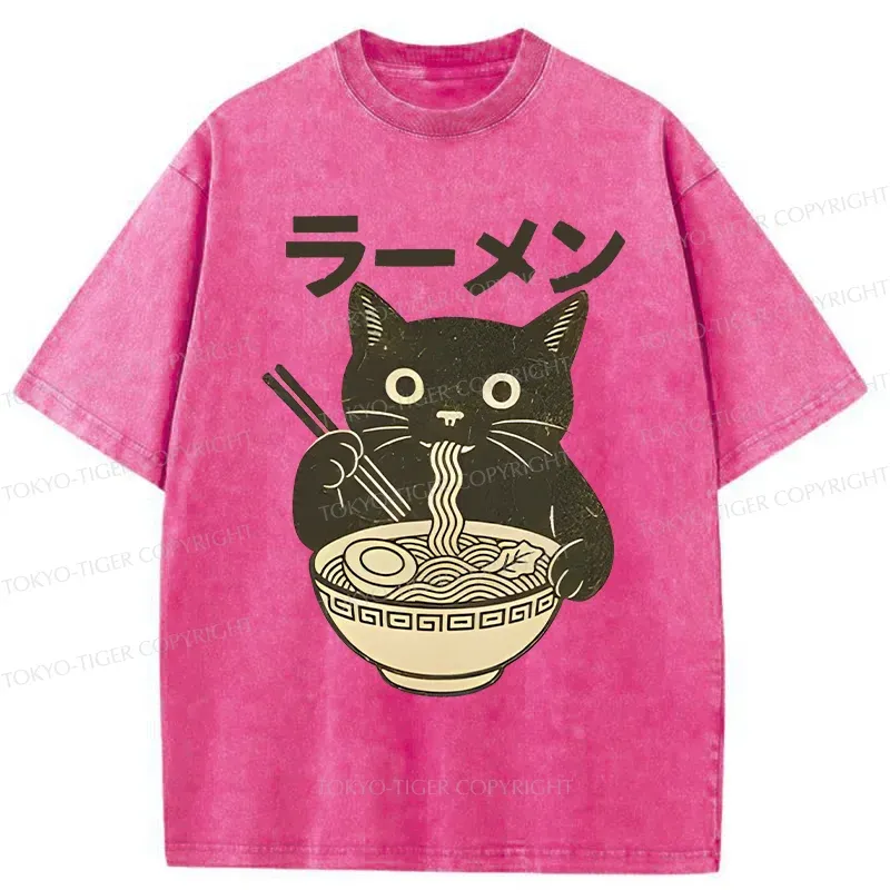 Tokyo-Tiger Simple Black Cat Eating Ramen Washed T-Shirt