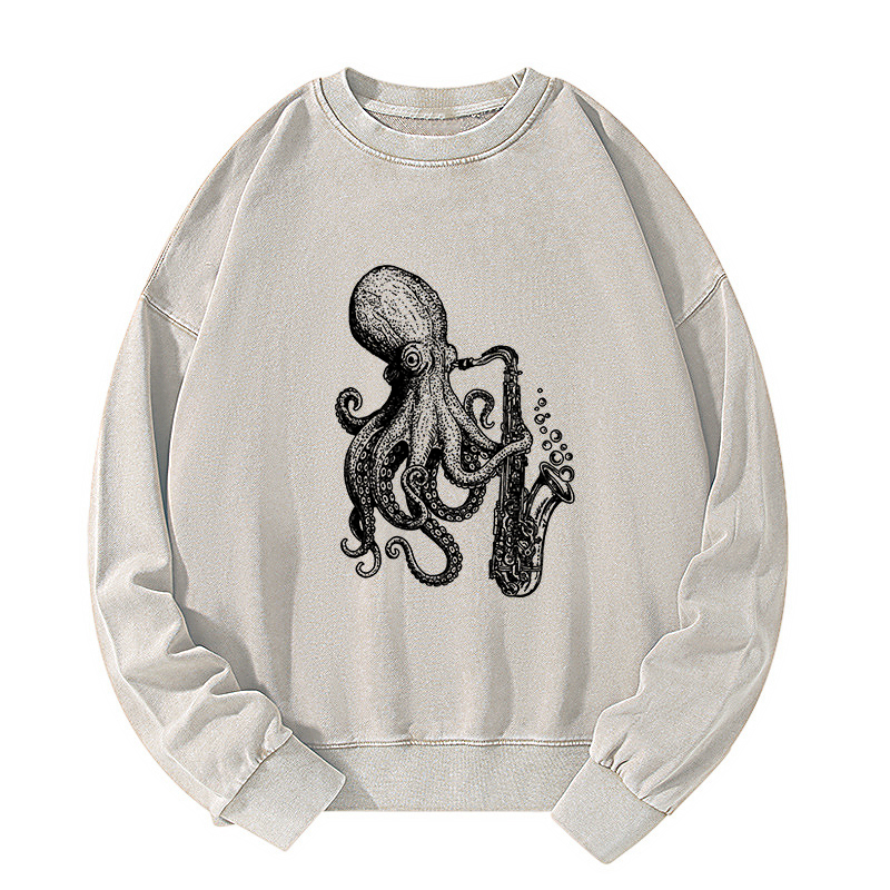 Tokyo-Tiger Octopus Playing Saxophone Washed Sweatshirt