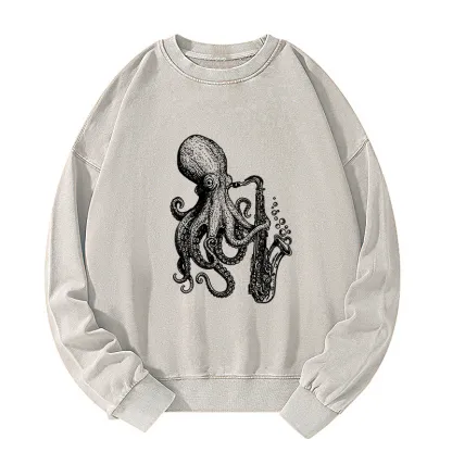 Tokyo-Tiger Octopus Playing Saxophone Washed Sweatshirt