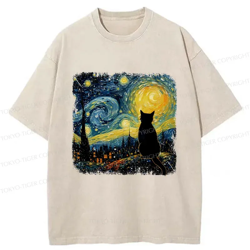 Tokyo-Tiger The Starry Night Cat Washed T-Shirt
