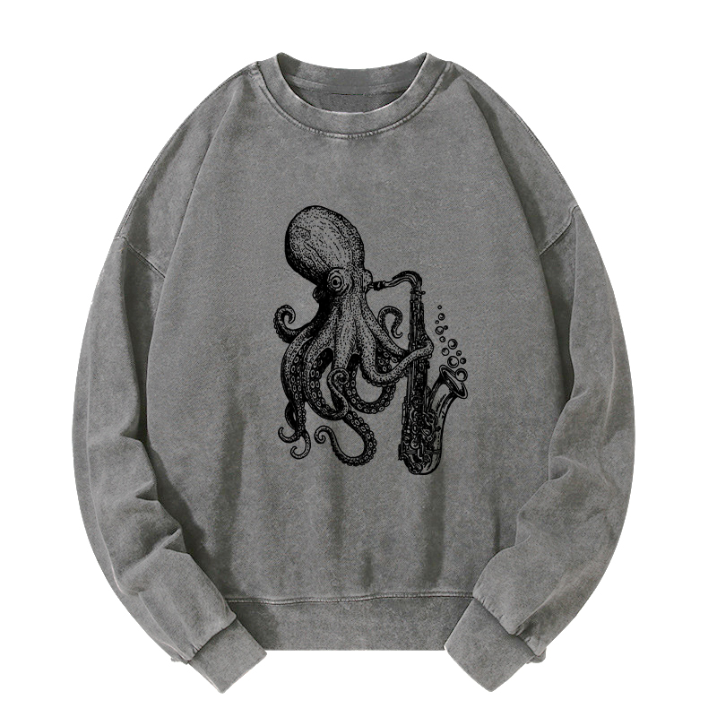 Tokyo-Tiger Octopus Playing Saxophone Washed Sweatshirt