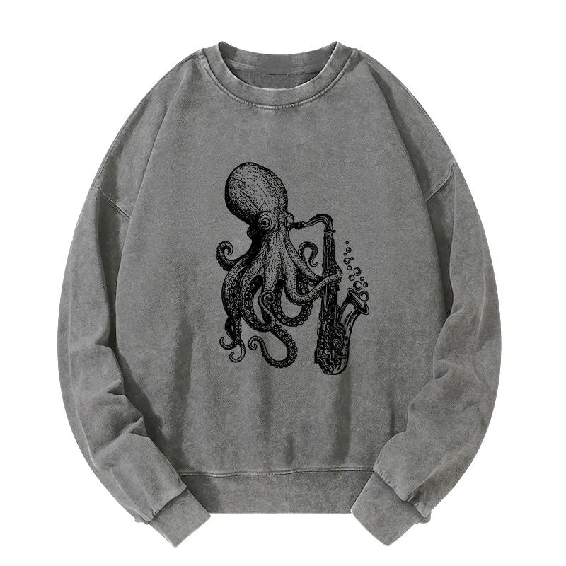Tokyo-Tiger Octopus Playing Saxophone Washed Sweatshirt