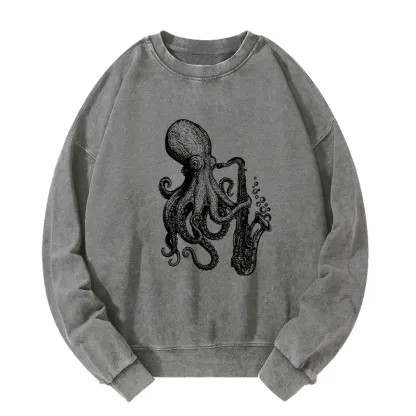 Tokyo-Tiger Octopus Playing Saxophone Washed Sweatshirt