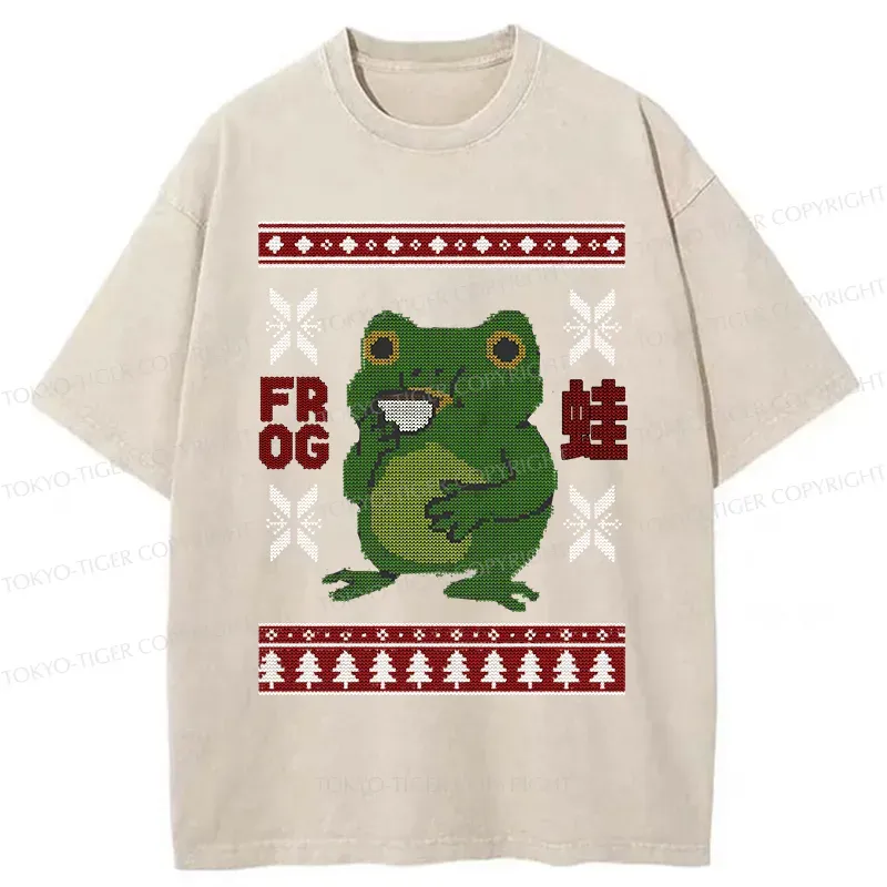 Tokyo-Tiger Frog Drinking Coffee Washed T-Shirt