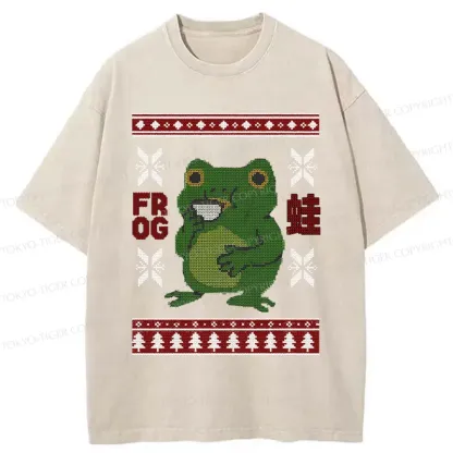 Tokyo-Tiger Frog Drinking Coffee Washed T-Shirt