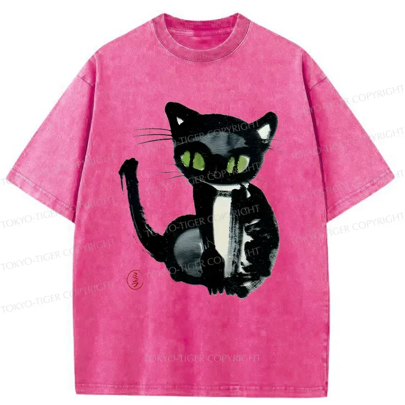 Tokyo-Tiger Ink Painting Cat Washed T-Shirt