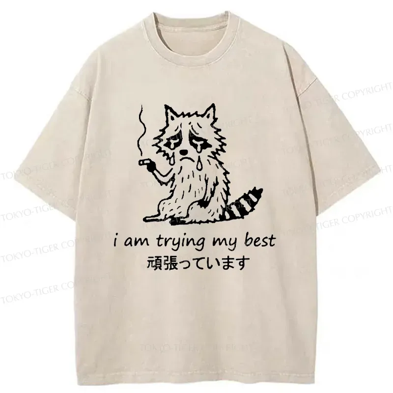 Tokyo-Tiger Raccoon Tried His Best Washed T-Shirt