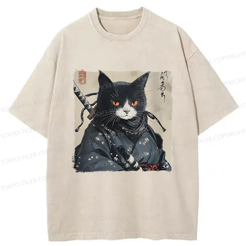 Tokyo-Tiger Handsome Samurai Cat Washed T-Shirt