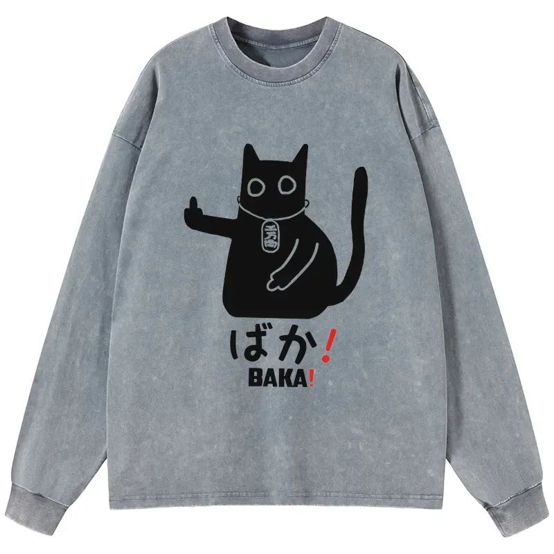 Tokyo-Tiger Japanese Baka Cat Washed Long Sleeve T-Shirt Sale