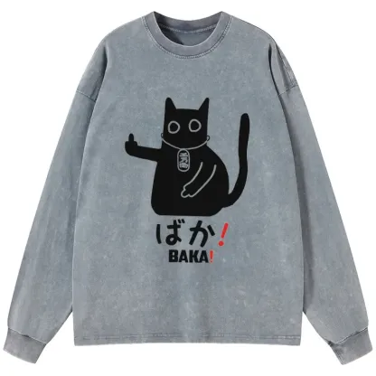 Tokyo-Tiger Japanese Baka Cat Washed Long Sleeve T-Shirt