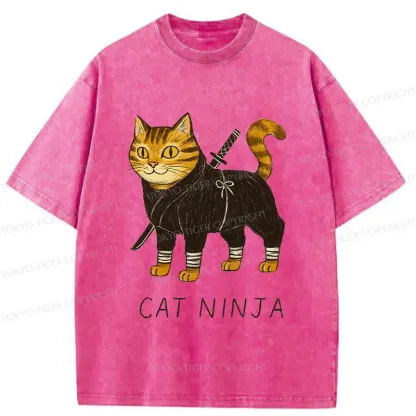 Tokyo-Tiger Cute Ninja Cat Washed T-Shirt