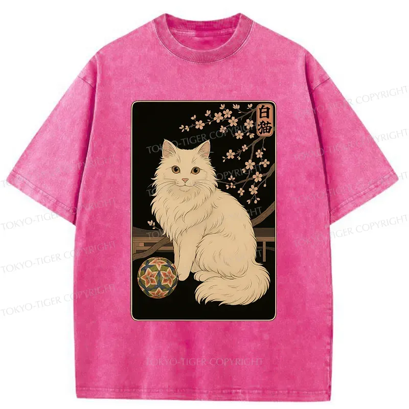 Tokyo-Tiger Retro White Cat Washed T-Shirt