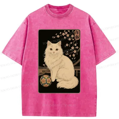 Tokyo-Tiger Retro White Cat Washed T-Shirt