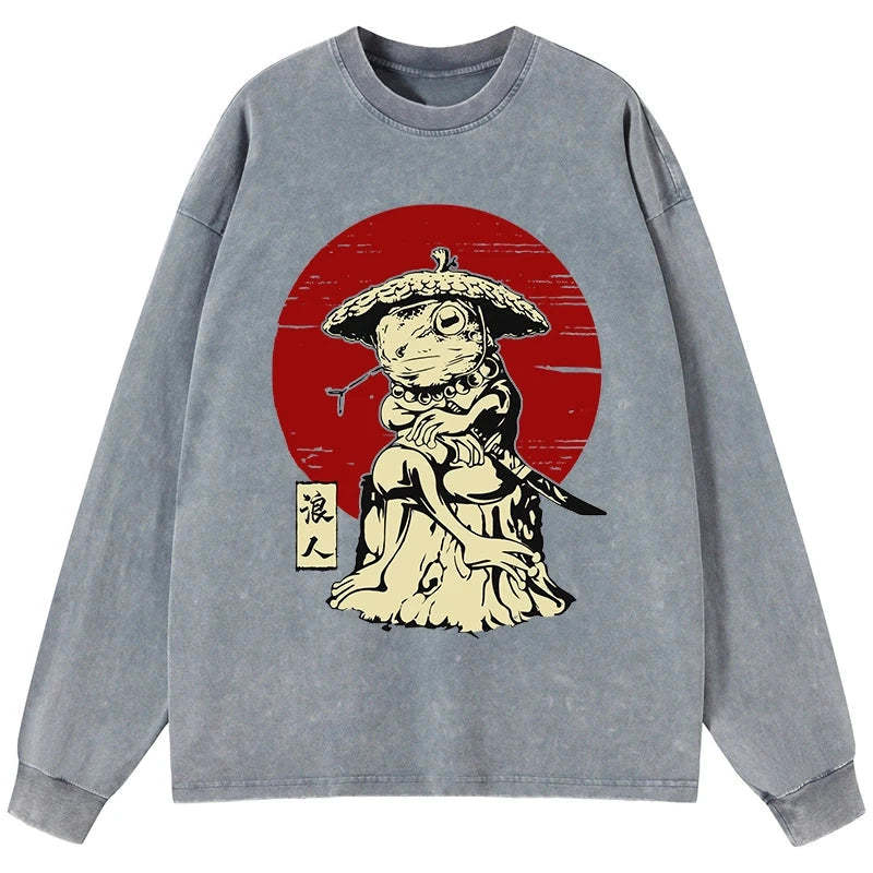 Tokyo-Tiger Rounin Japanese Frog Samurai Washed Long Sleeve T-Shirt Sale