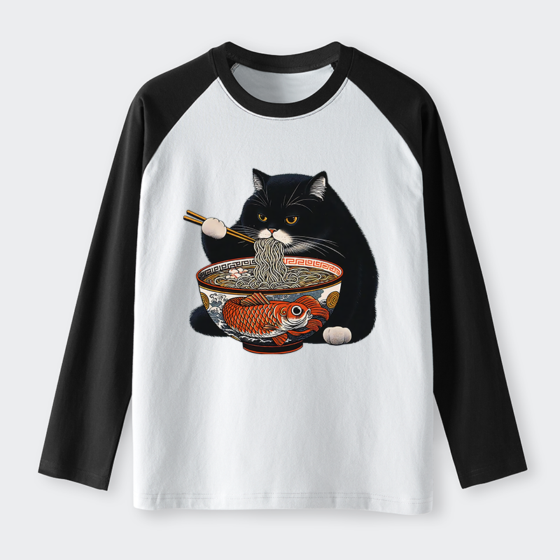 Tokyo-Tiger Fat Cat Eating Ramen Raglan Long Sleeve T-shirt
