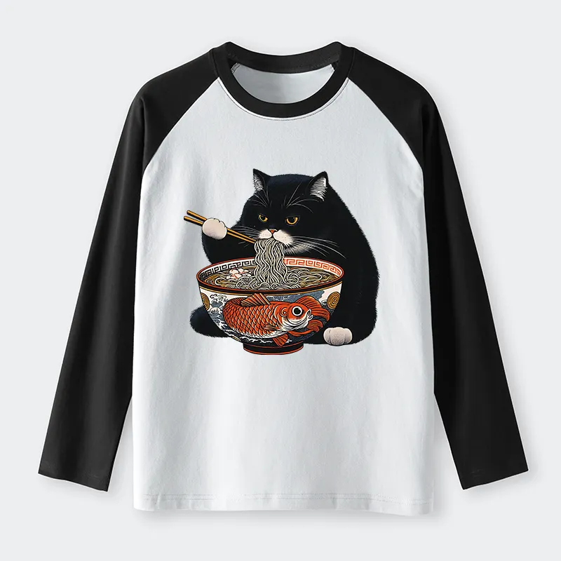 Tokyo-Tiger Fat Cat Eating Ramen Raglan Long Sleeve T-shirt