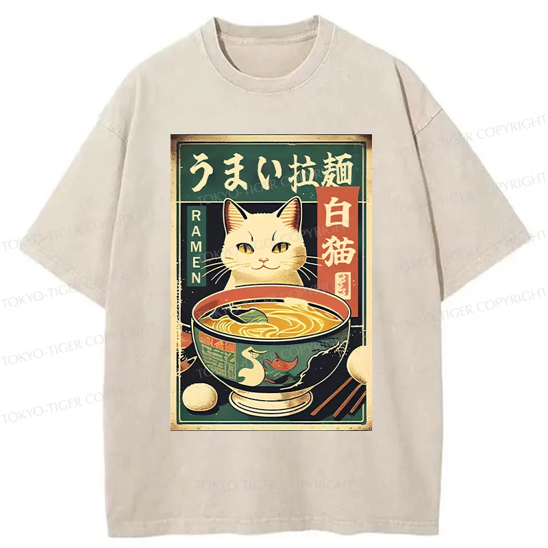 Tokyo-Tiger White Cat Eating Ramen Washed T-Shirt