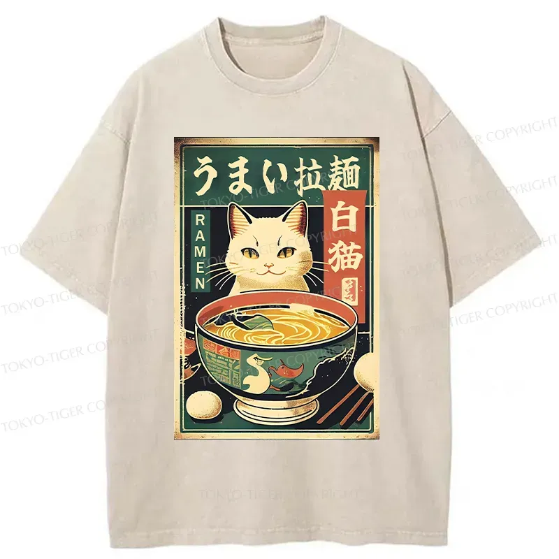 Tokyo-Tiger White Cat Eating Ramen Washed T-Shirt