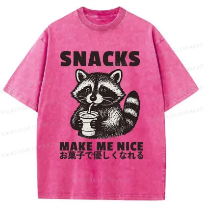 Tokyo-Tiger Raccoon Eating Snacks Washed T-Shirt
