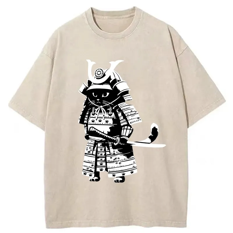 Tokyo-Tiger Japanese Samurai Black Cat Washed T-Shirt