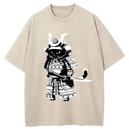 Tokyo-Tiger Japanese Samurai Black Cat Washed T-Shirt