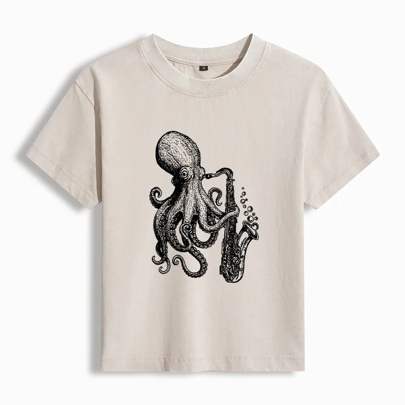 Tokyo-Tiger Octopus Playing Saxophone Washed T-Shirt Sale