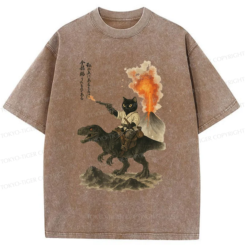 Tokyo-Tiger Cat Riding A Dinosaur Washed T-Shirt