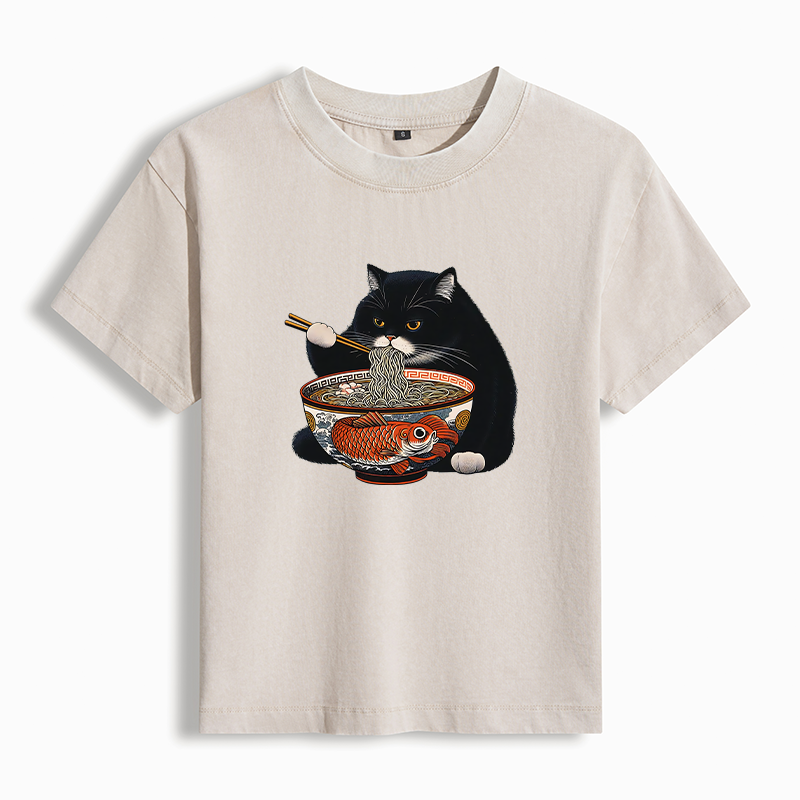 Tokyo-Tiger Fat Cat Eating Ramen Women's Washed T-shirt
