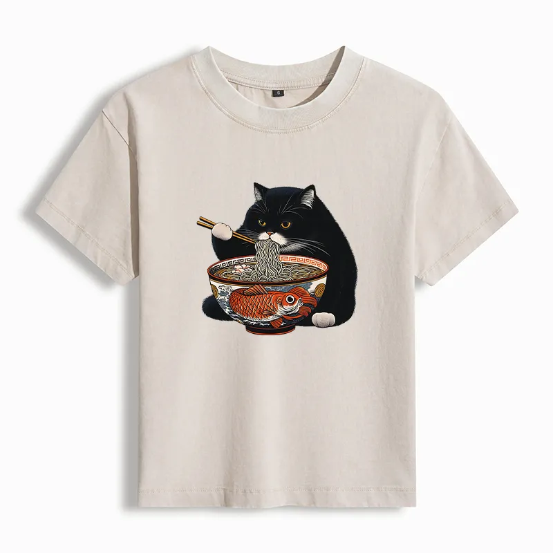 Tokyo-Tiger Fat Cat Eating Ramen Women's Washed T-Shirt Sale