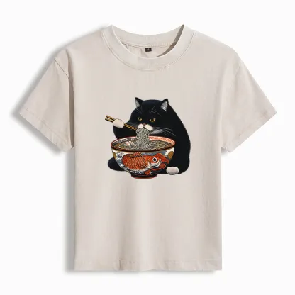 Tokyo-Tiger Fat Cat Eating Ramen Women's Washed T-shirt