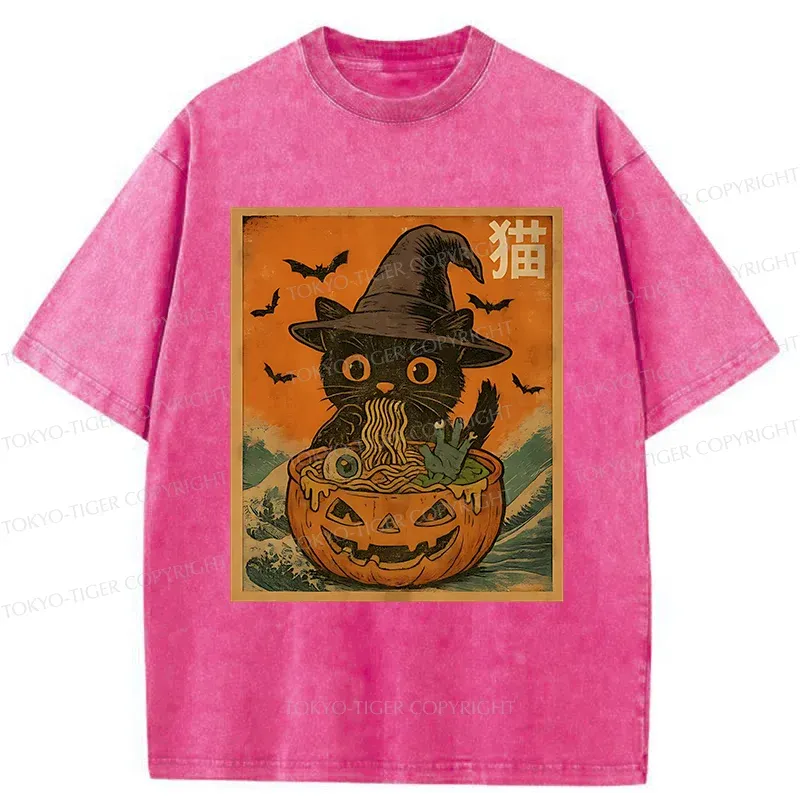 Tokyo-Tiger Halloween Cat Eating Ramen Washed T-Shirt Sale