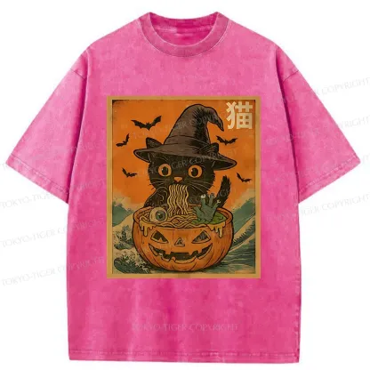 Tokyo-Tiger Halloween Cat Eating Ramen Washed T-Shirt
