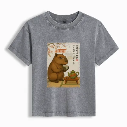 Tokyo-Tiger Tea Time With a Capybara Women's Washed T-shirt