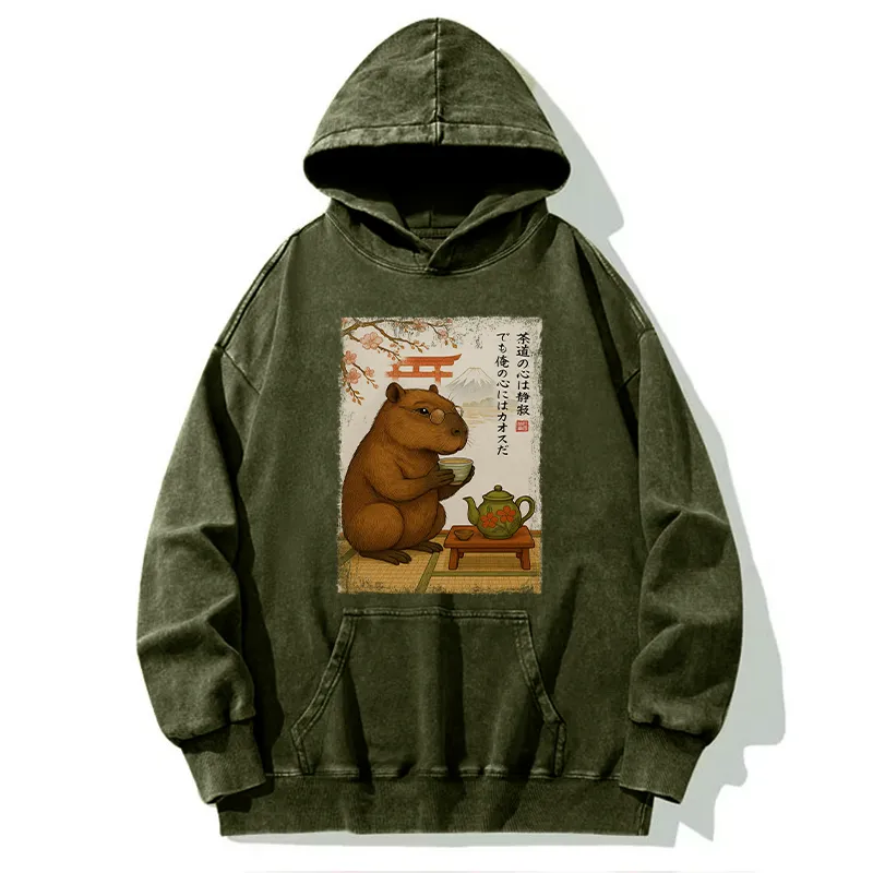 Tokyo-Tiger Tea Time With a Capybara Washed Hoodie