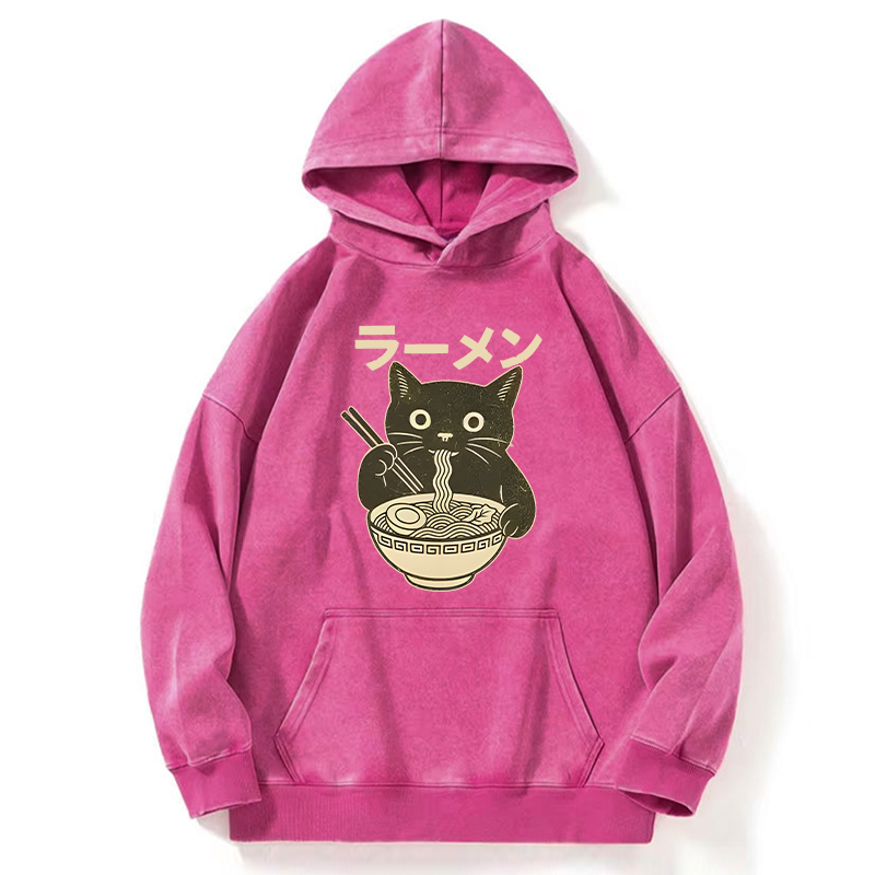 Tokyo-Tiger Simple Black Cat Eating Ramen Washed Hoodie