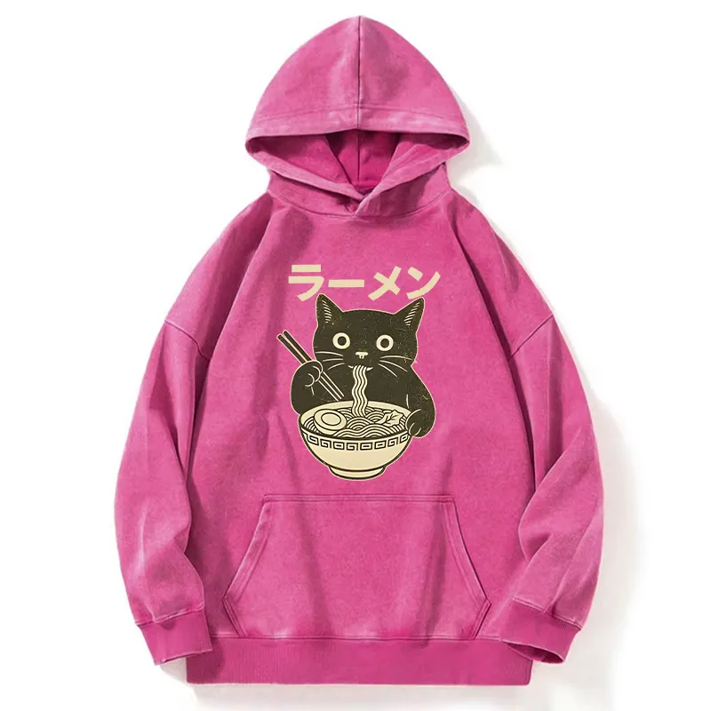 Tokyo-Tiger Simple Black Cat Eating Ramen Washed Hoodie