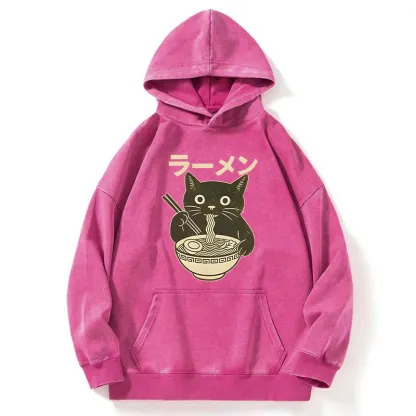 Tokyo-Tiger Simple Black Cat Eating Ramen Washed Hoodie