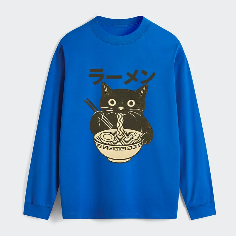 Tokyo-Tiger Simple Black Cat Eating Ramen Classic Long Sleeve T-Shirt