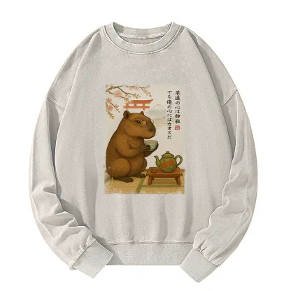 Tokyo-Tiger Tea Time With a Capybara Washed Sweatshirt