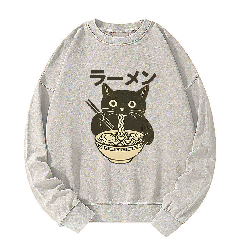 Tokyo-Tiger Simple Black Cat Eating Ramen Washed Sweatshirt