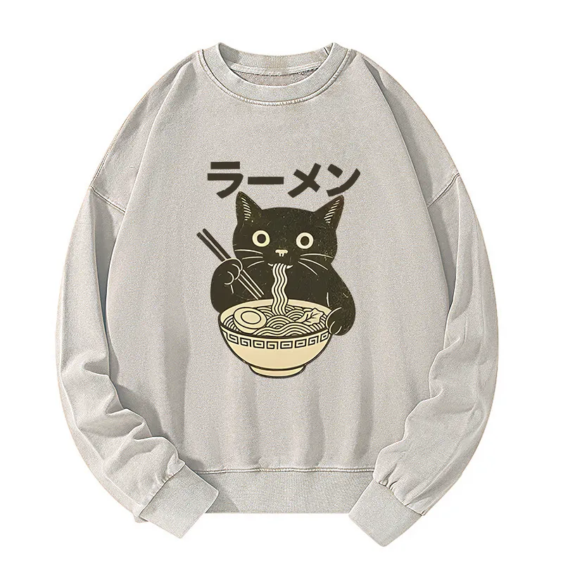 Tokyo-Tiger Simple Black Cat Eating Ramen Washed Sweatshirt