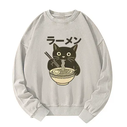 Tokyo-Tiger Simple Black Cat Eating Ramen Washed Sweatshirt